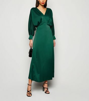 Dark Green Satin Long Sleeve Midi Dress ...